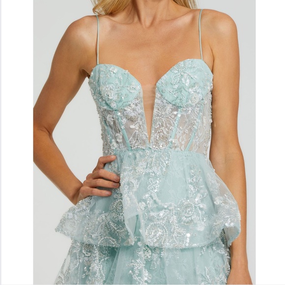 Mac Duggal Spaghetti Strap Applique Tiered Ruffle Gown in Mint - Picture 10 of 10